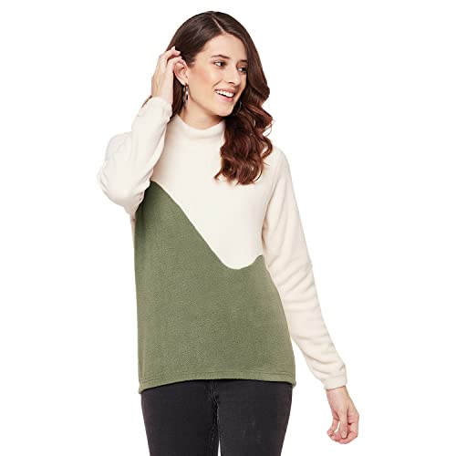 Dual Tone White/Olive High Neck Sweatshirt For Women