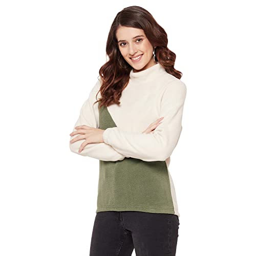 Dual Tone White/Olive High Neck Sweatshirt For Women