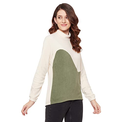 Dual Tone White/Olive High Neck Sweatshirt For Women