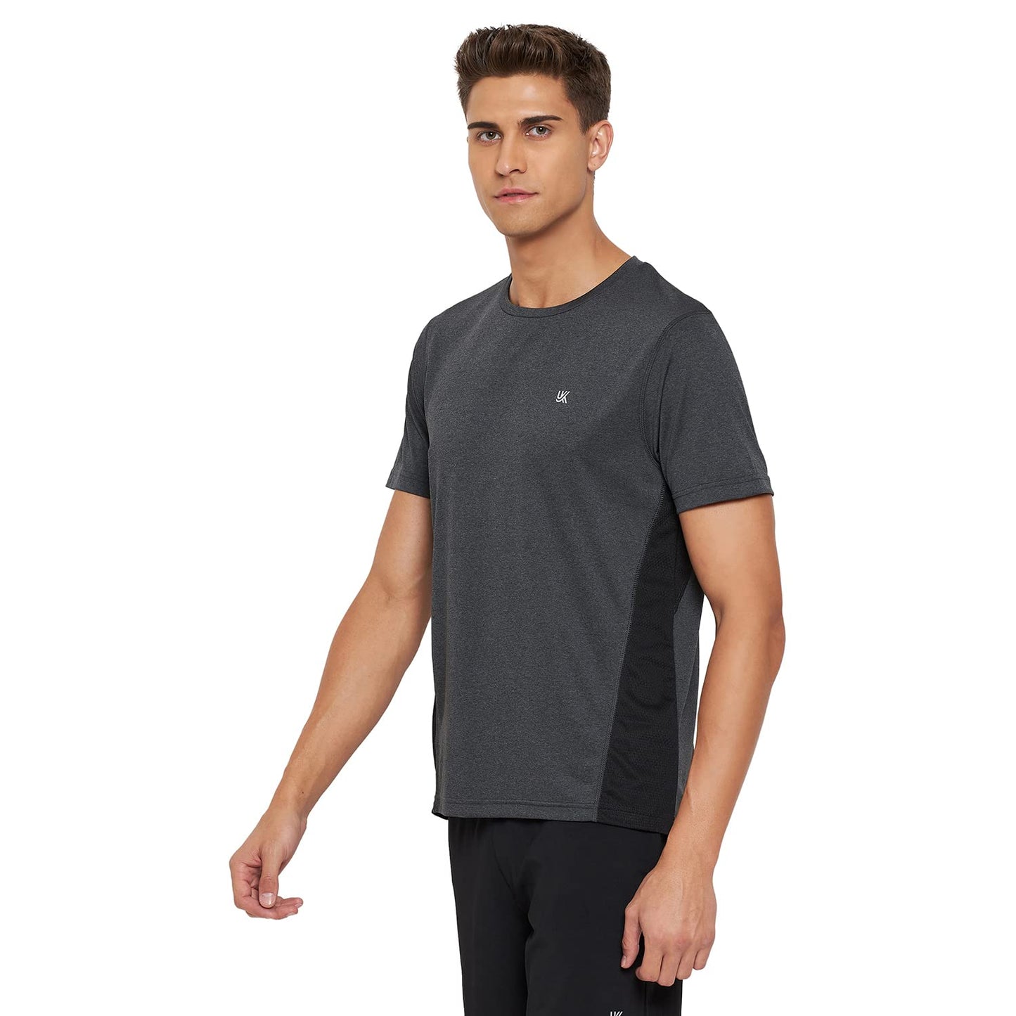 Dark Grey Round Neck Active Wear Polyester T-Shirt For Men