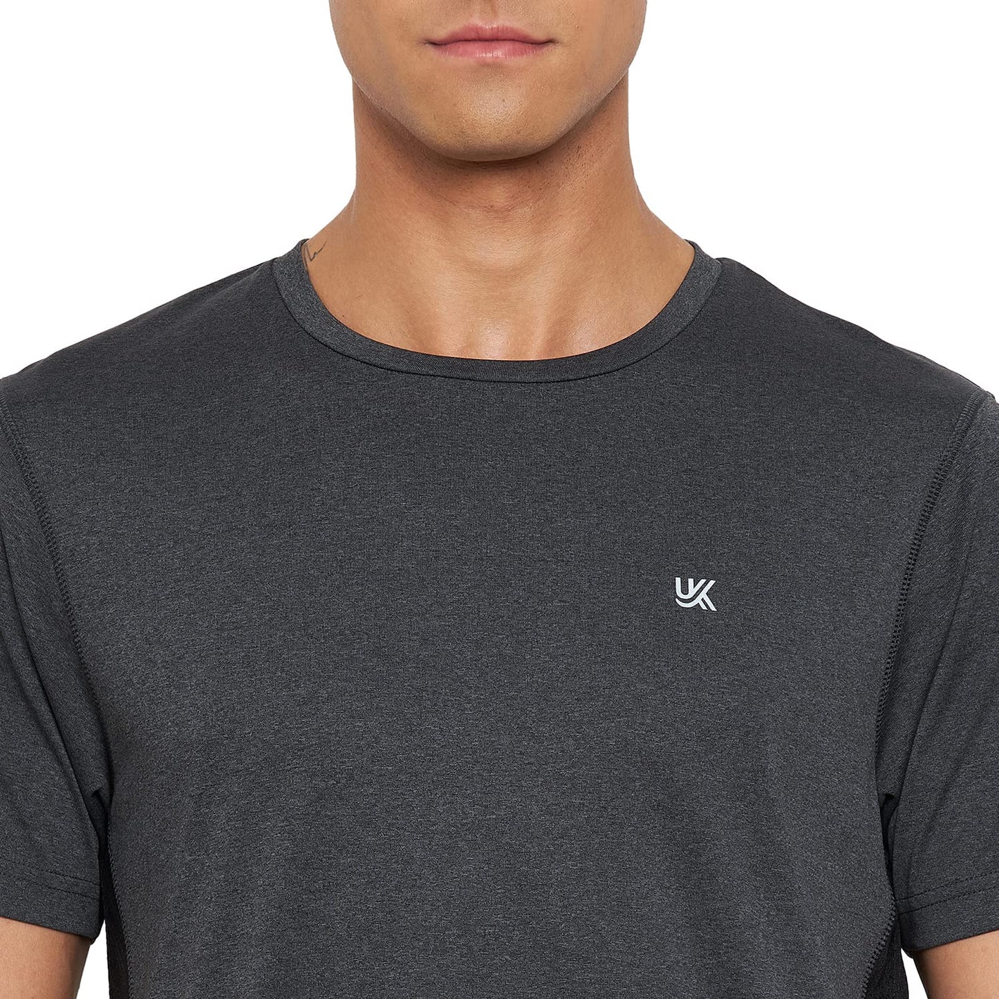 Dark Grey Round Neck Active Wear Polyester T-Shirt For Men