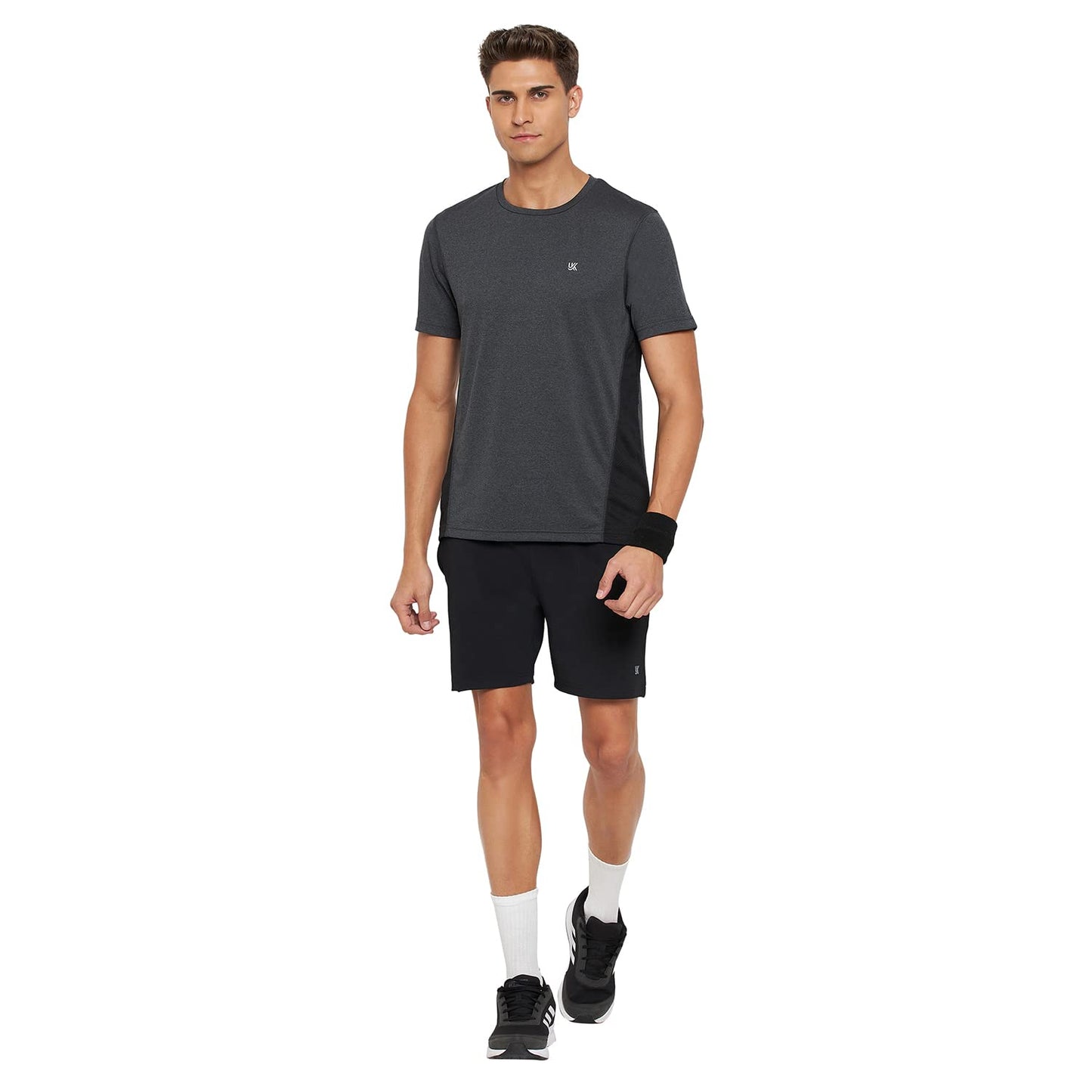 Dark Grey Round Neck Active Wear Polyester T-Shirt For Men