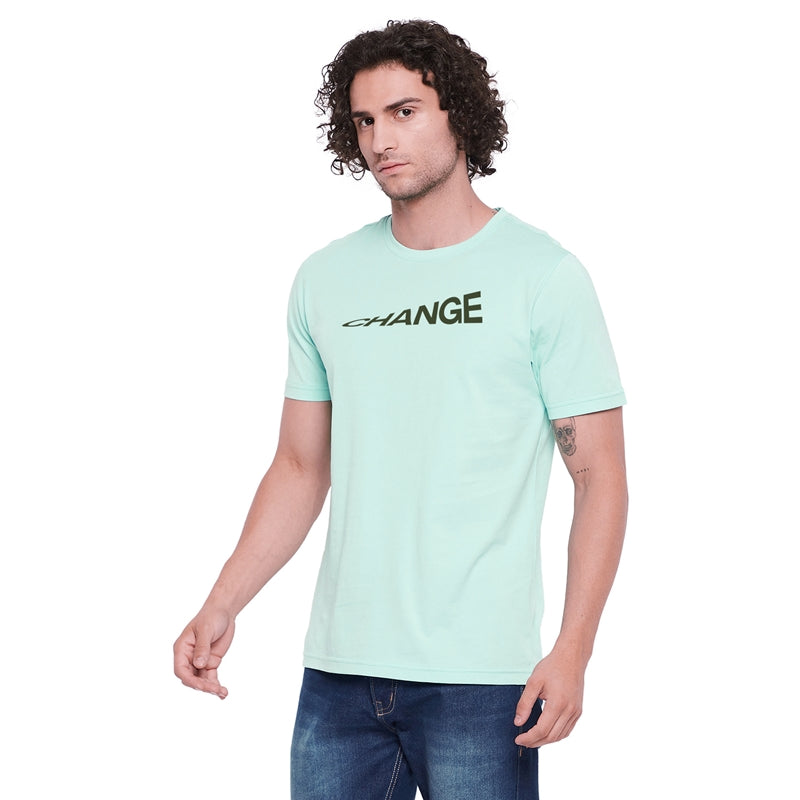 Change Printed Light Green Color Round Neck T-Shirt For Men