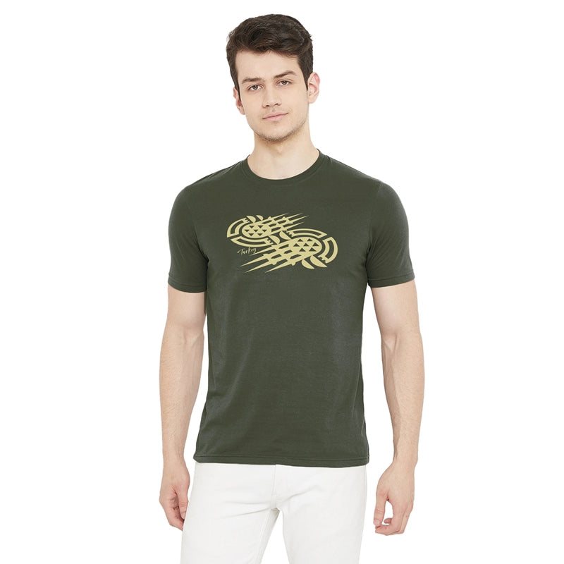 Turkey Printed Olive Color Round Neck T-Shirt For Men