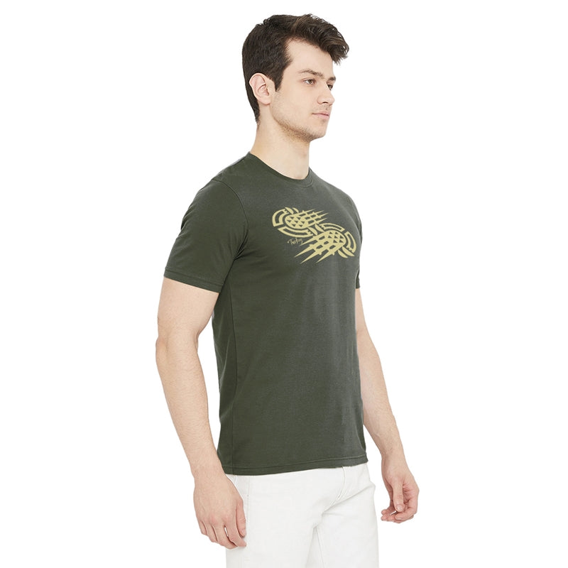Turkey Printed Olive Color Round Neck T-Shirt For Men