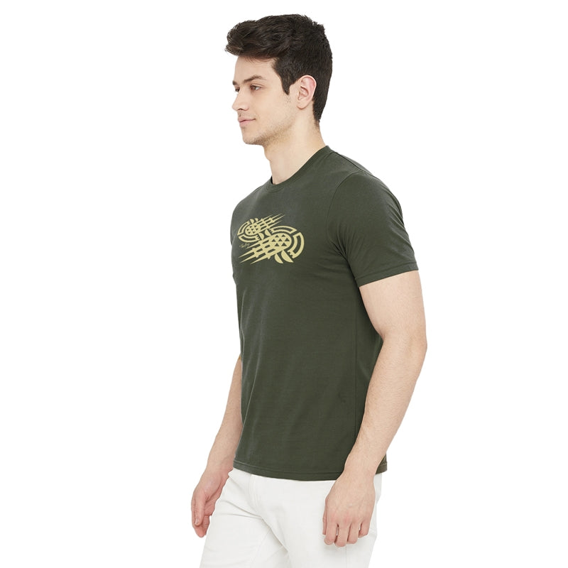 Turkey Printed Olive Color Round Neck T-Shirt For Men