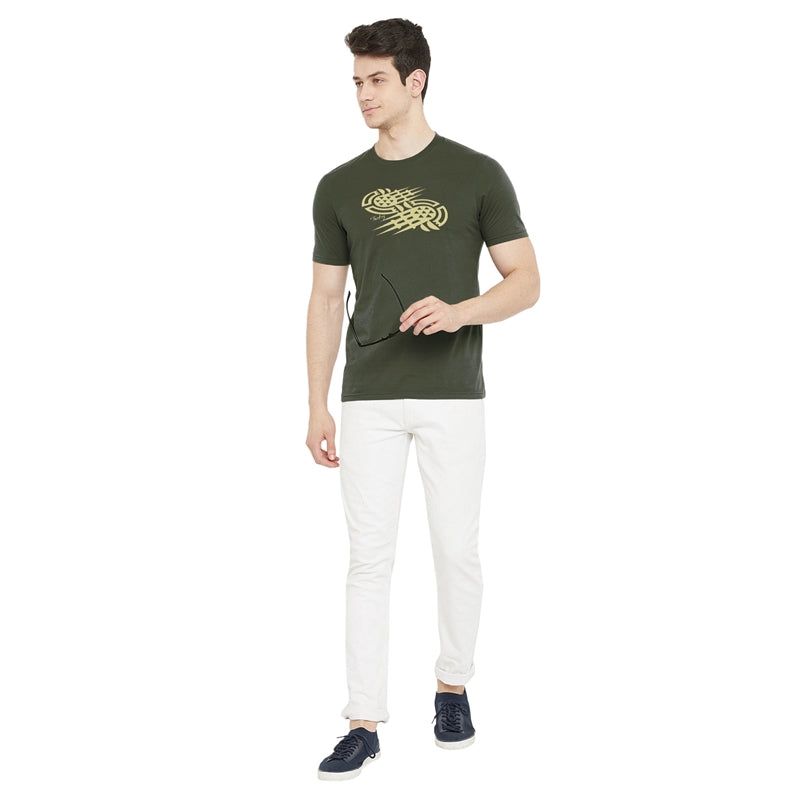 Turkey Printed Olive Color Round Neck T-Shirt For Men