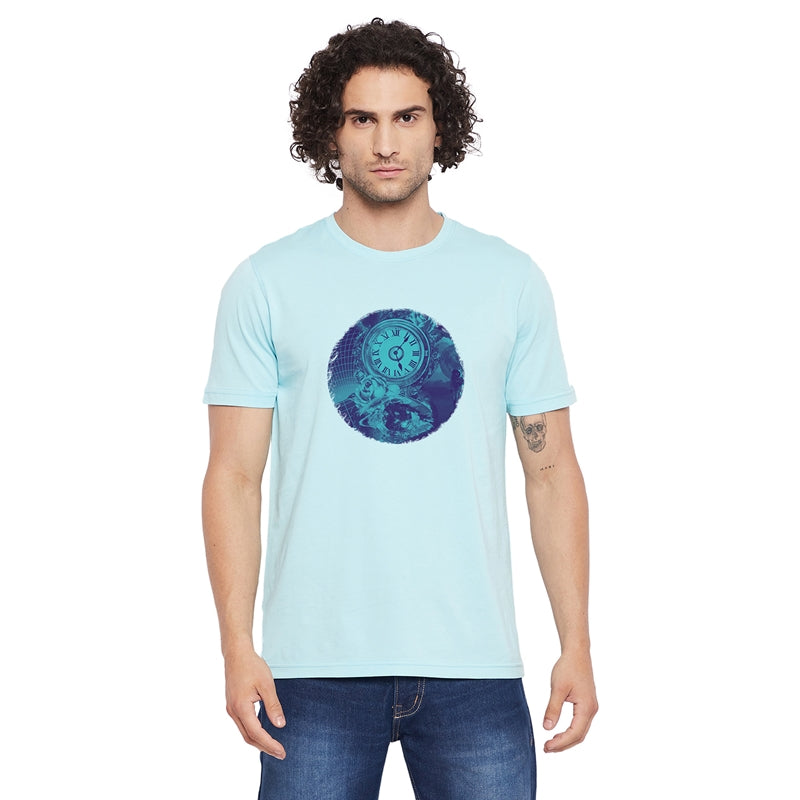 Rose and Clock Printed Light Blue Color Round Neck T-Shirt For Men