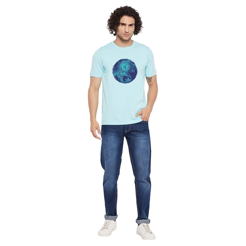 Rose and Clock Printed Light Blue Color Round Neck T-Shirt For Men