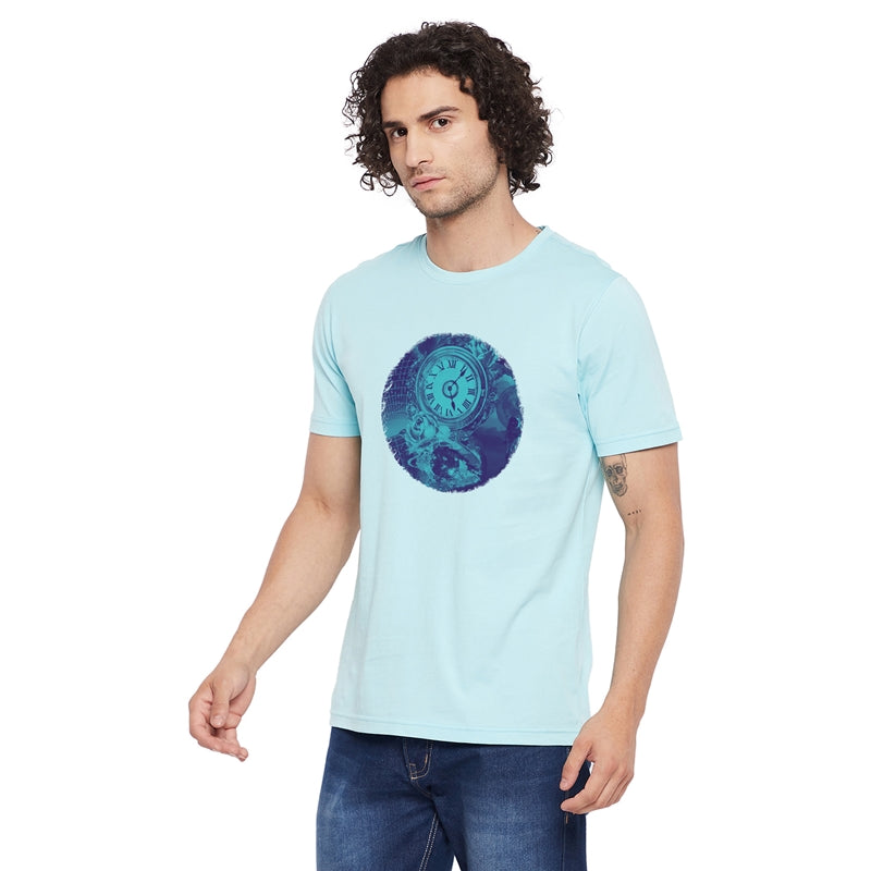 Rose and Clock Printed Light Blue Color Round Neck T-Shirt For Men