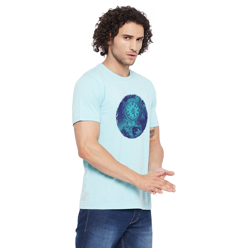 Rose and Clock Printed Light Blue Color Round Neck T-Shirt For Men