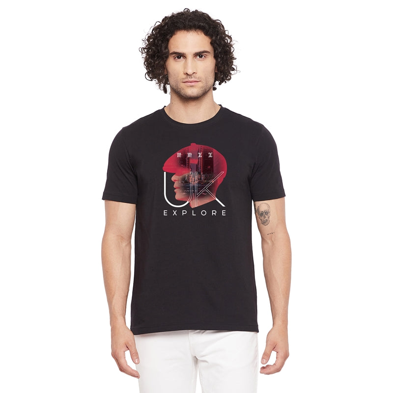 Explore Printed Black Color Round Neck T-Shirt For Men