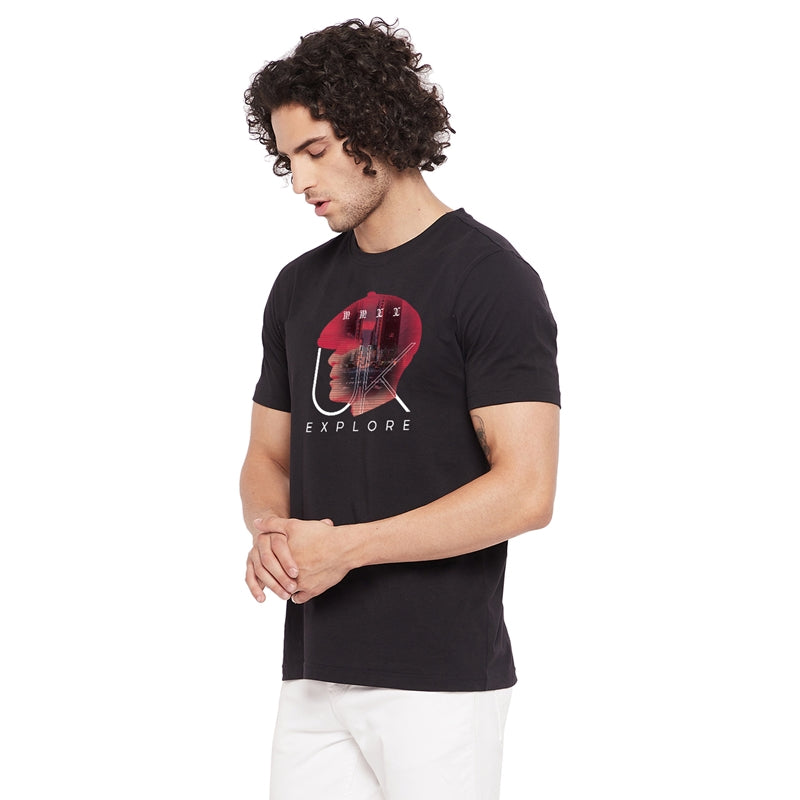 Explore Printed Black Color Round Neck T-Shirt For Men