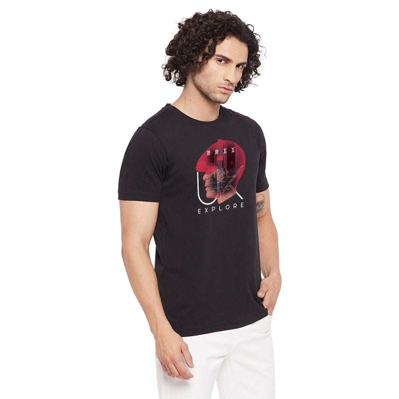Explore Printed Black Color Round Neck T-Shirt For Men