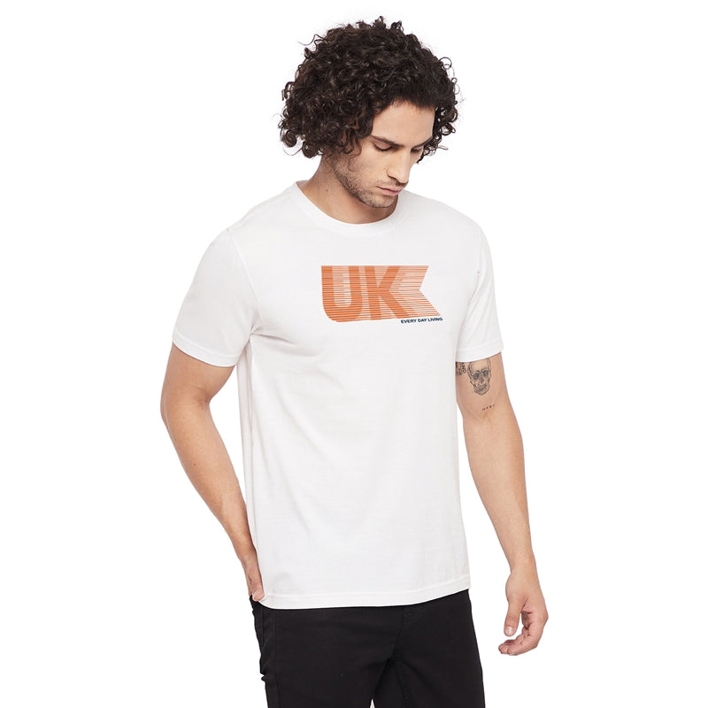 UK Logo Printed White Color Round Neck T-Shirt For Men