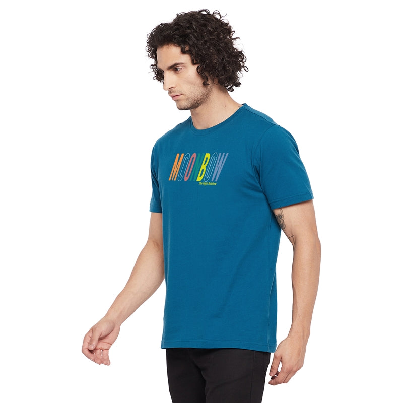 Moonbow Printed Dark Blue Color Round Neck T-Shirt For Men
