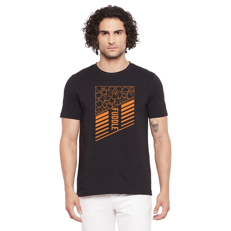 Fuddle Printed Black Color Round Neck T-Shirt For Men