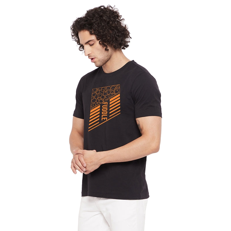 Fuddle Printed Black Color Round Neck T-Shirt For Men