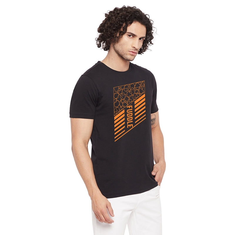 Fuddle Printed Black Color Round Neck T-Shirt For Men