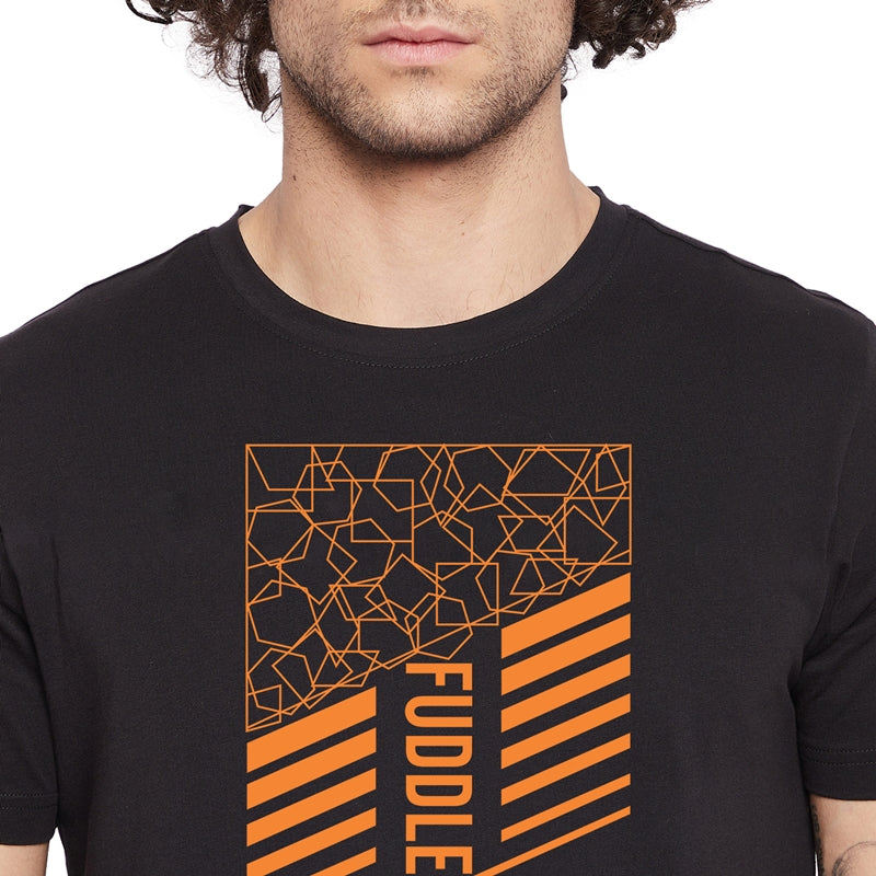 Fuddle Printed Black Color Round Neck T-Shirt For Men