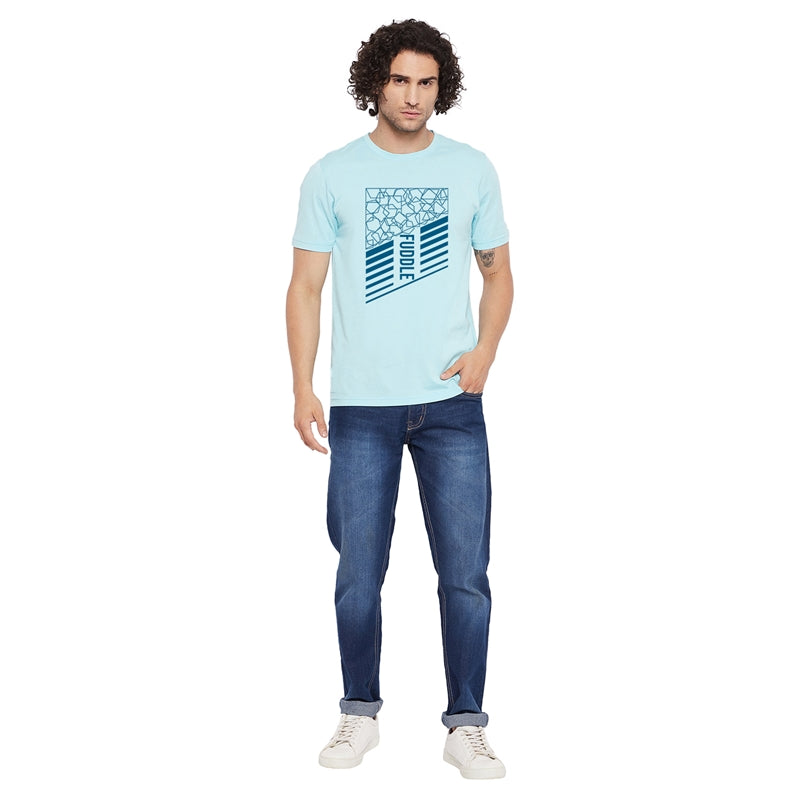 Fuddle Printed Light Blue Color Round Neck T-Shirt For Men