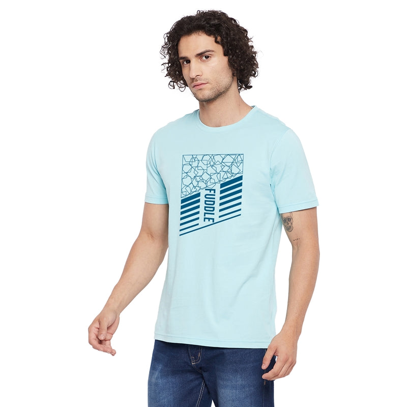 Fuddle Printed Light Blue Color Round Neck T-Shirt For Men