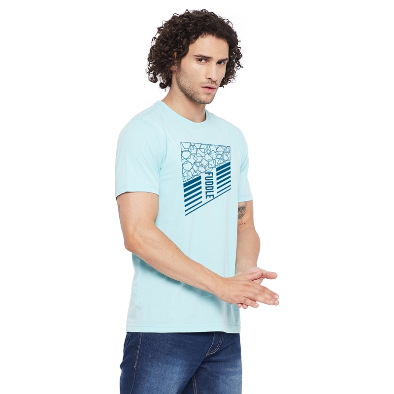 Fuddle Printed Light Blue Color Round Neck T-Shirt For Men