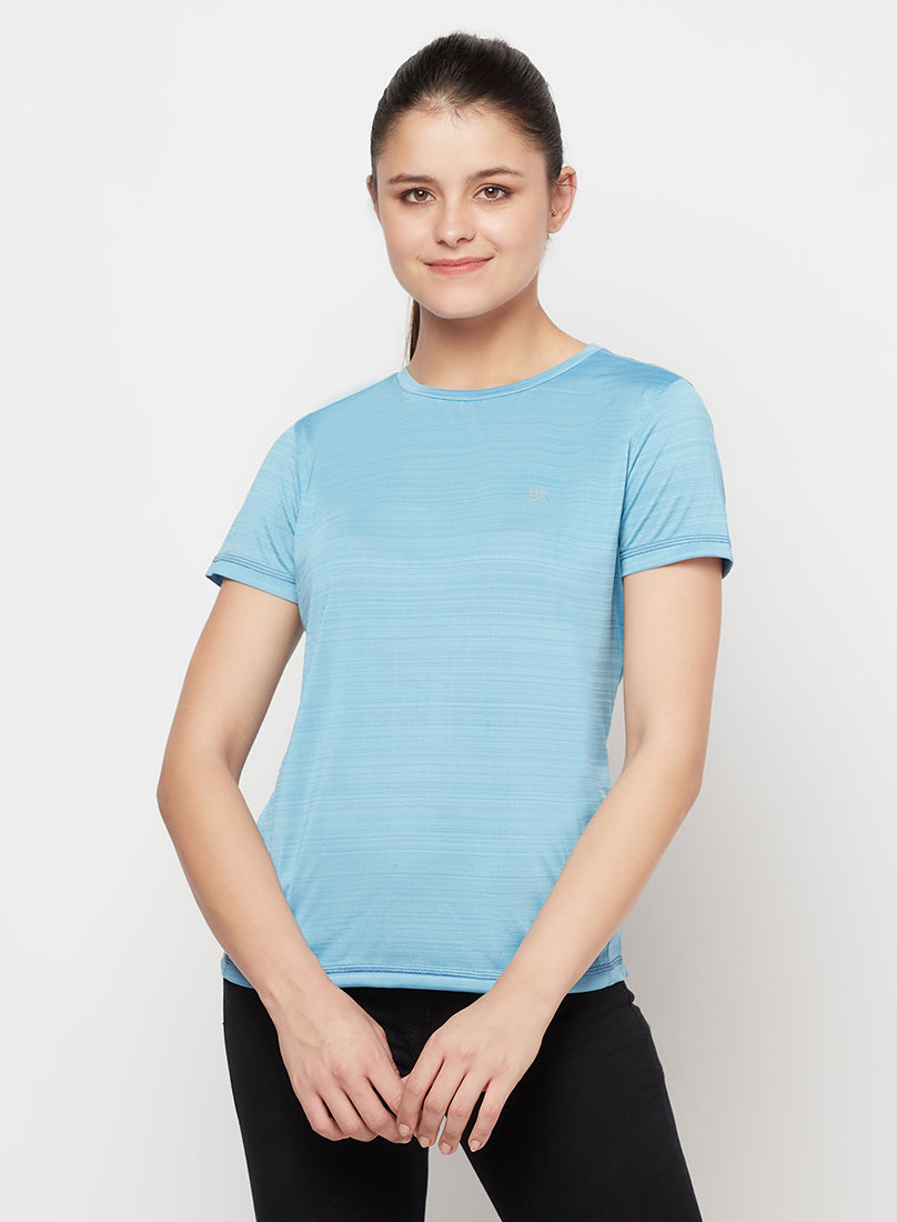 Light Blue/Black Color Women's Gym Wear Co-Ord Set, Track Suit Set of T-Shirt with Tights/leggings for Workout, Yoga and Running
