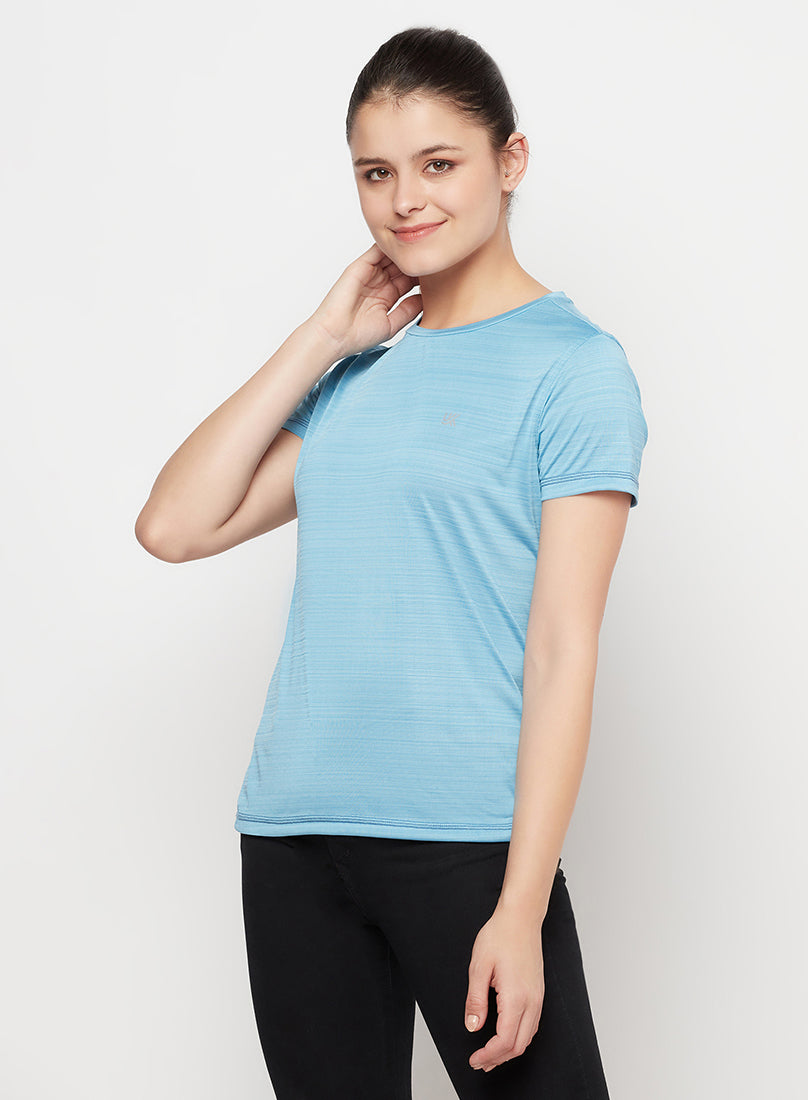 Light Blue/Black Color Women's Gym Wear Co-Ord Set, Track Suit Set of T-Shirt with Tights/leggings for Workout, Yoga and Running