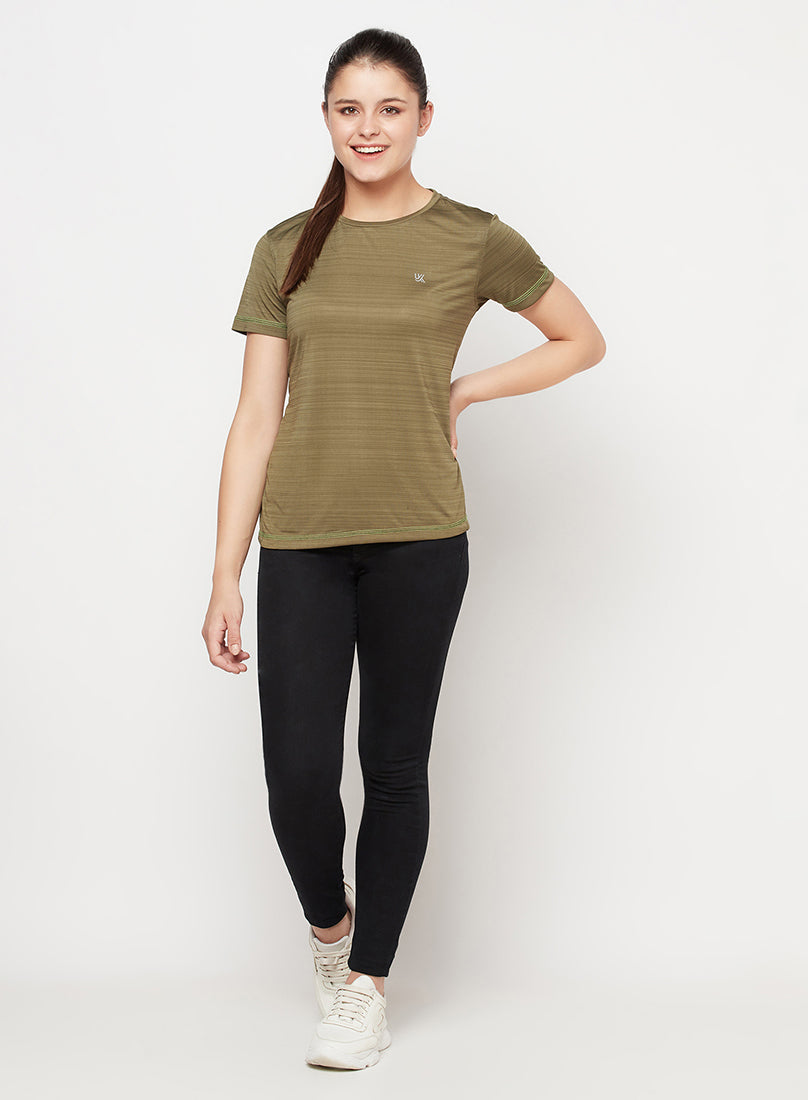 Olive/Black Color Women's Gym Wear Co-Ord Set, Track Suit Set of T-Shirt with Tights/leggings for Workout, Yoga and Running