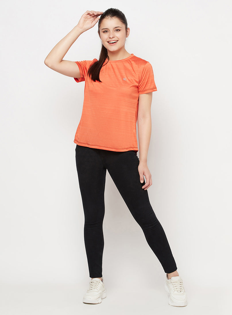 Orange/Black Color Women's Gym Wear Co-Ord Set, Track Suit Set of T-Shirt with Tights/leggings for Workout, Yoga and Running