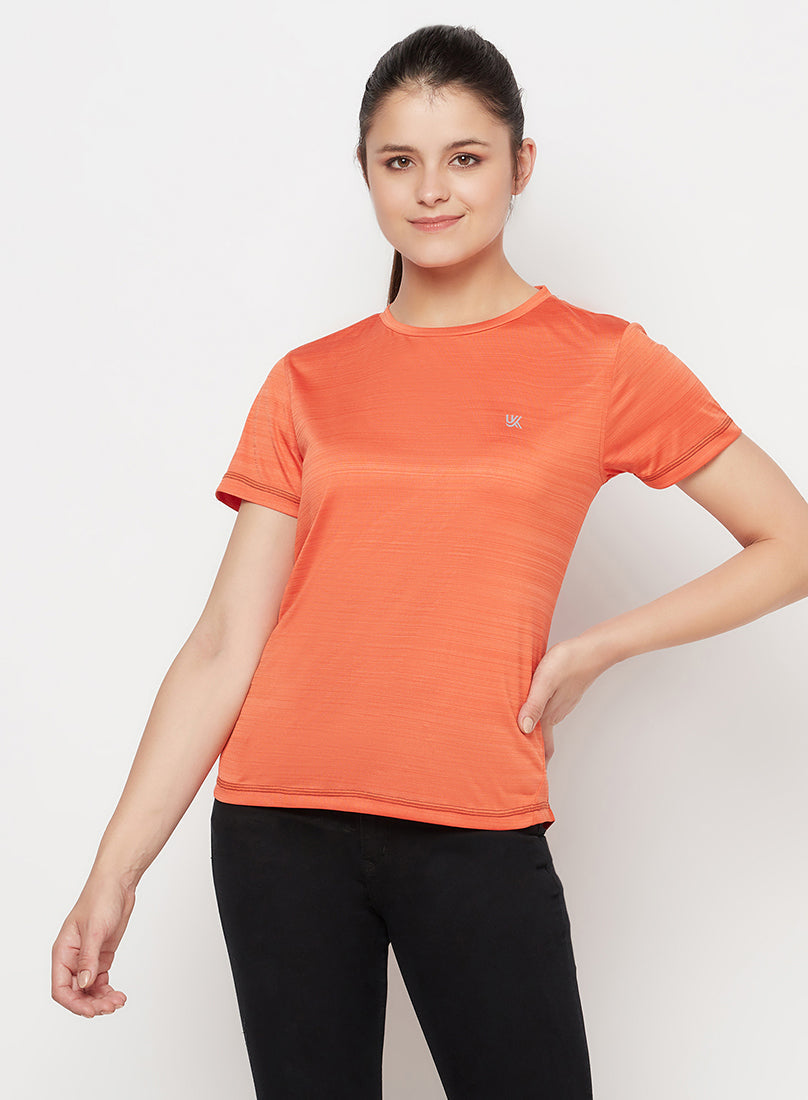 Orange/Black Color Women's Gym Wear Co-Ord Set, Track Suit Set of T-Shirt with Tights/leggings for Workout, Yoga and Running