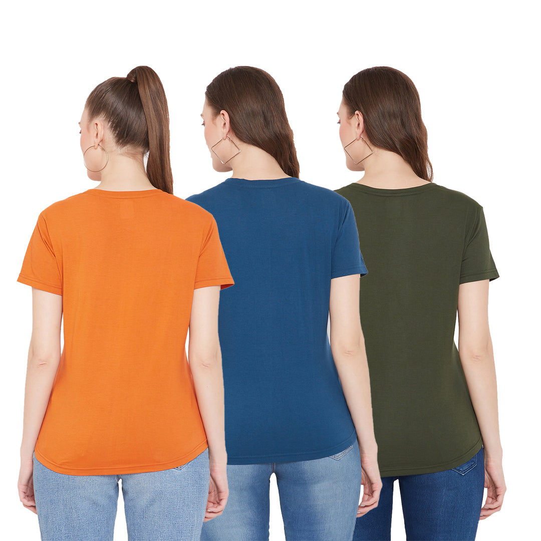 Women Cotton T-Shirt Combo (Orange/Blue/Green)