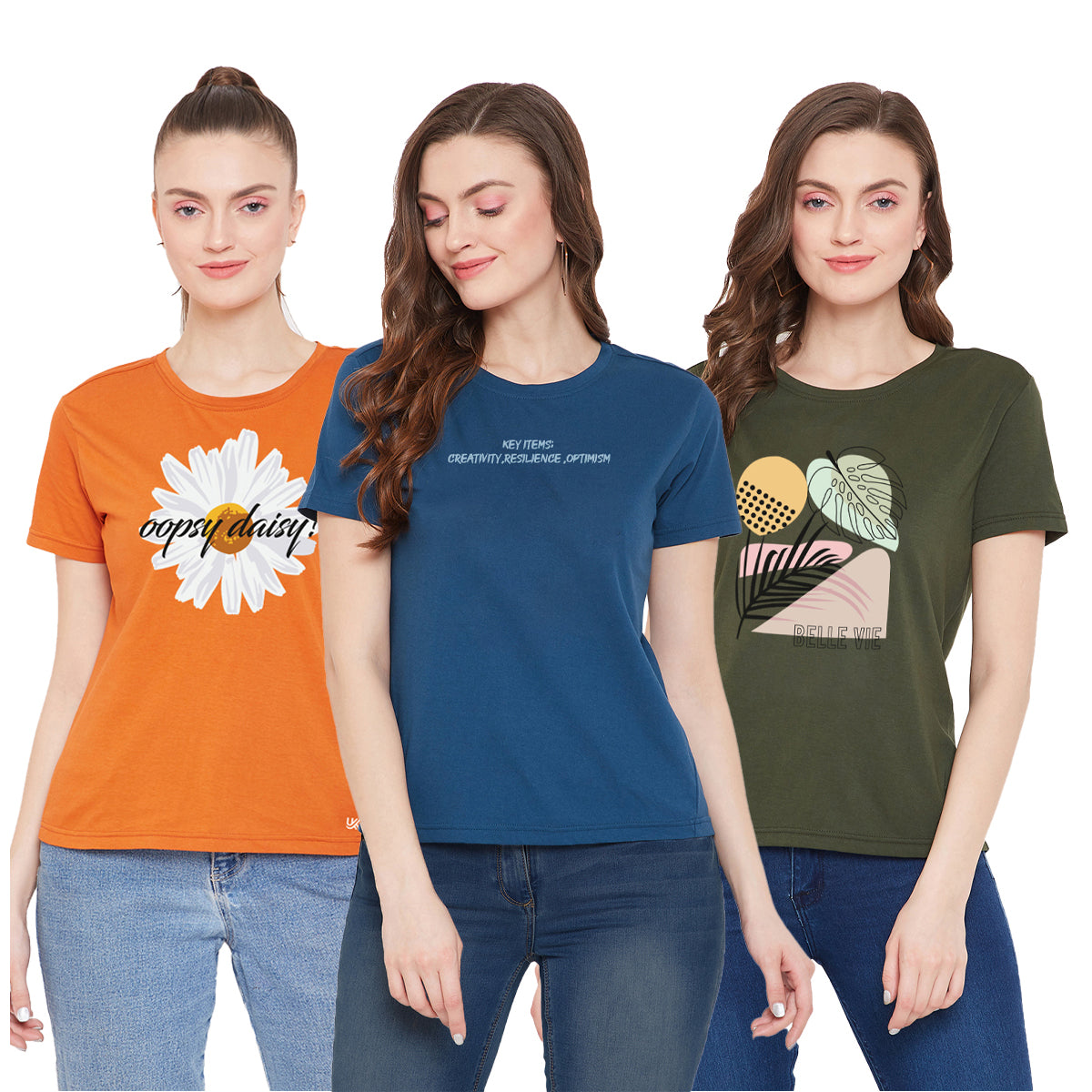Women Cotton T-Shirt Combo (Orange/Blue/Green)