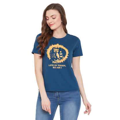 Cat Icon Printed Blue T-Shirt for Women