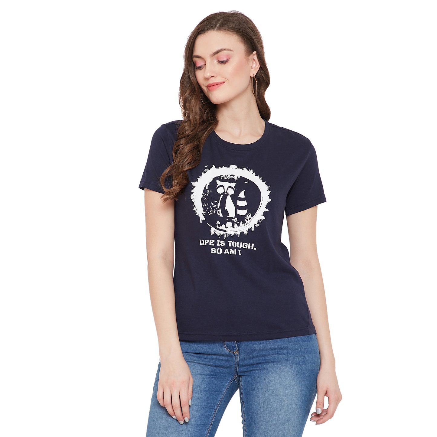Cat Print Navy T-Shirt for Women