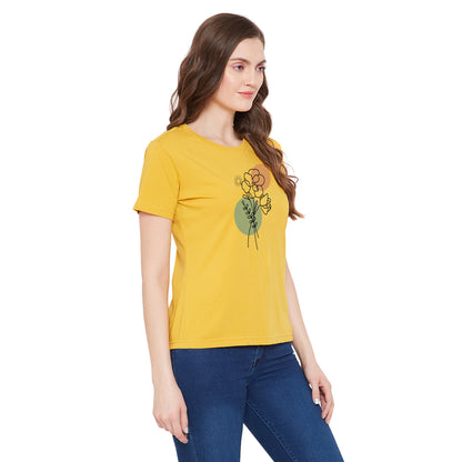 Women Floral Print 100% Cotton T-Shirt Yellow Color