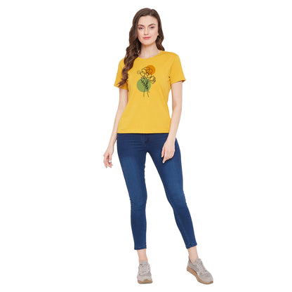 Women Floral Print 100% Cotton T-Shirt Yellow Color