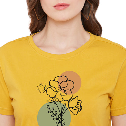 Women Floral Print 100% Cotton T-Shirt Yellow Color