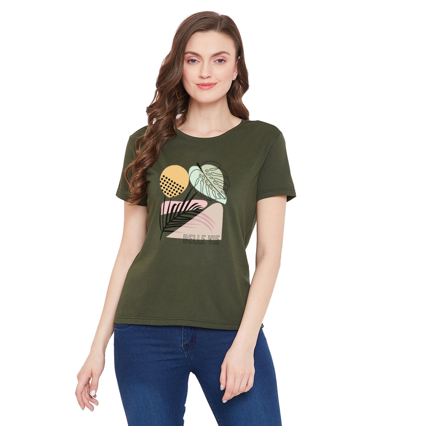 Olive Color Women Floral Print 100% Cotton T-Shirt