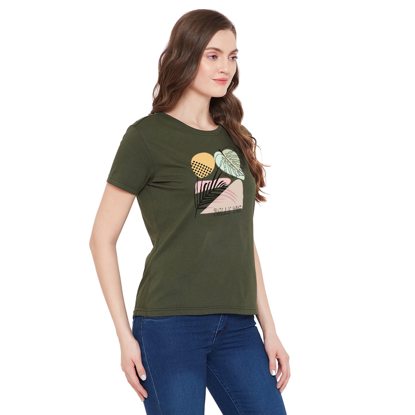 Olive Color Women Floral Print 100% Cotton T-Shirt