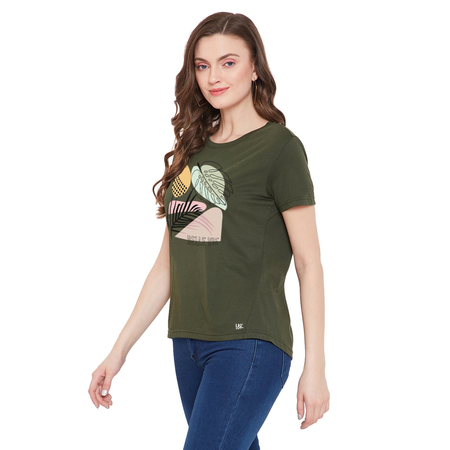 Olive Color Women Floral Print 100% Cotton T-Shirt