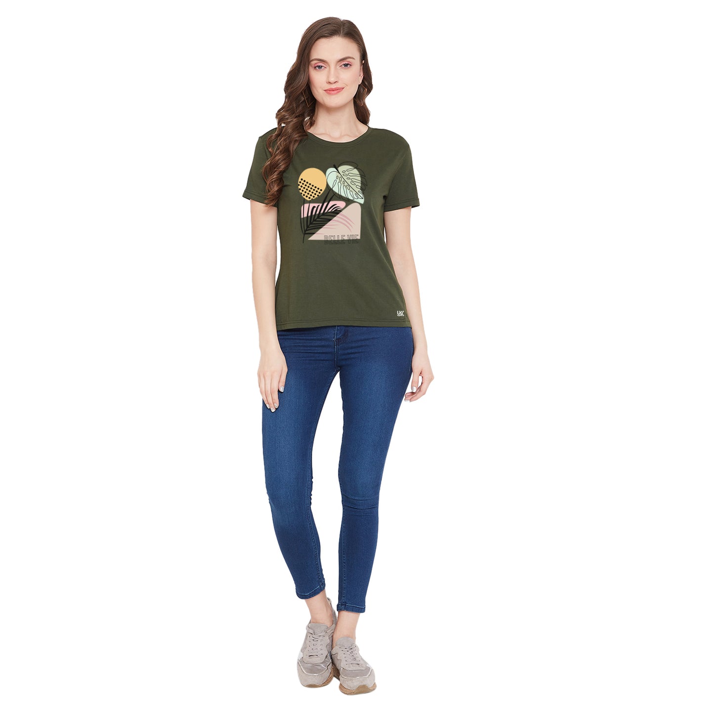 Olive Color Women Floral Print 100% Cotton T-Shirt