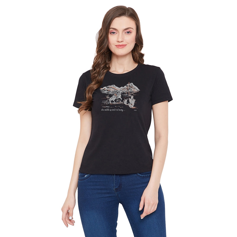 Saddle Printed Women T-Shirt Black Color