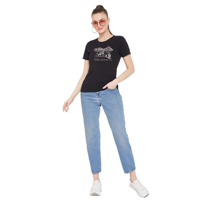 Saddle Printed Women T-Shirt Black Color