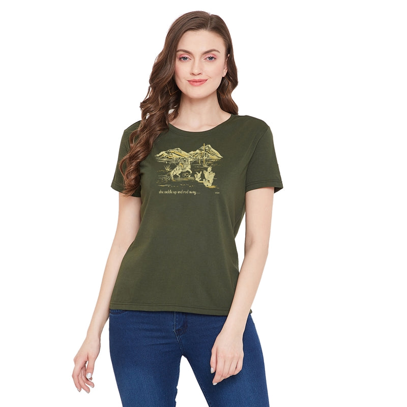 Saddle Printed Women T-Shirt Olive Color