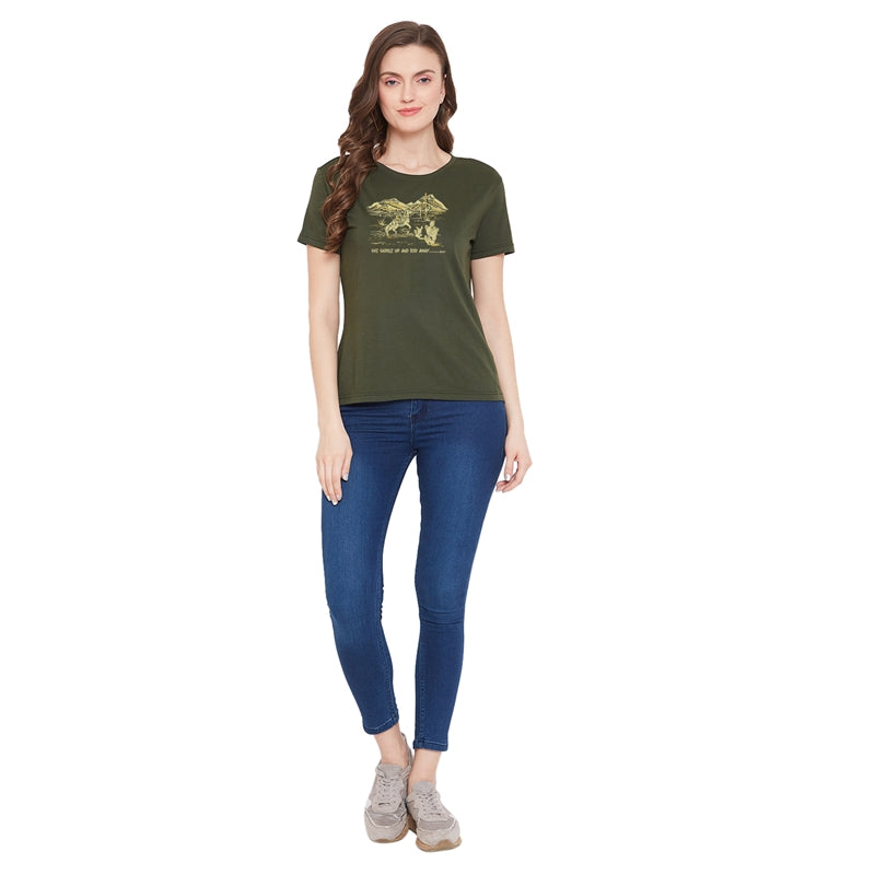 Saddle Printed Women T-Shirt Olive Color