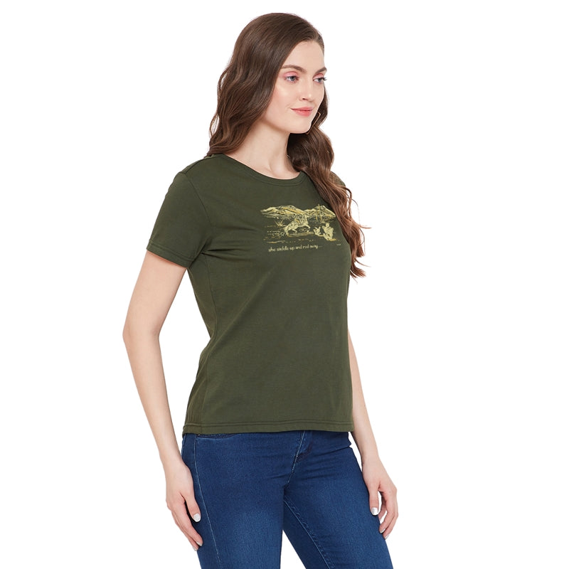 Saddle Printed Women T-Shirt Olive Color