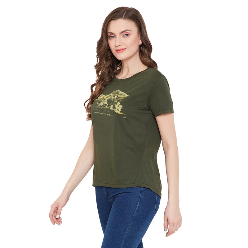 Saddle Printed Women T-Shirt Olive Color