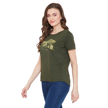 Saddle Printed Women T-Shirt Olive Color